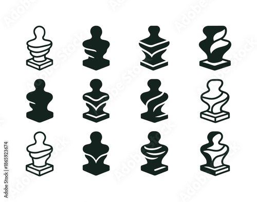 3D-Printed Emblem Diversity. 3D-printed objects in art and design. Icon set. Set Logo of 3D-printed objects in art and design: layered sculpture. harmonious