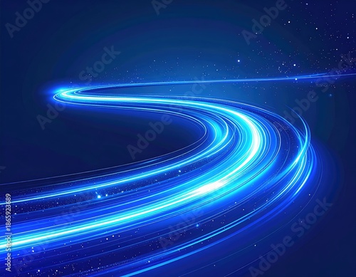 Winding blue light trail against a dark blue background