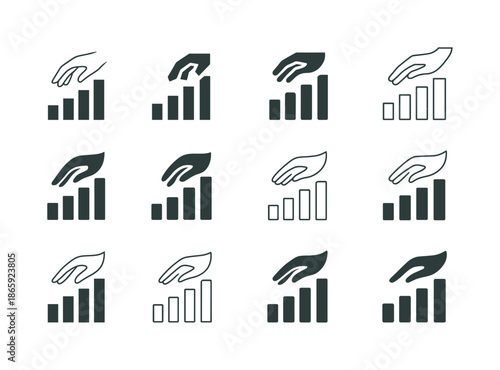 Poverty Alleviation Icons. poverty alleviation. Icon set. Set Logo of poverty alleviation: rising bar with helping hand. harmonious logo variations of the same