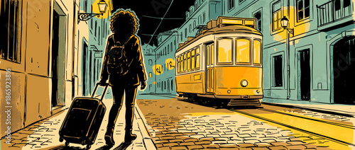 Woman with curly hair and a backpack pulls a suitcase along a cobblestone street toward a vintage yellow tram in a moody, graphic novel style illustration