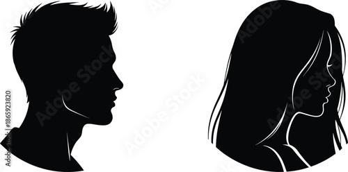 Male and female face silhouette profiles in side view, black vector illustration set for identity concepts, relationships, avatars, and minimal portrait design