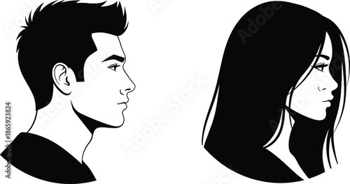 Male and female face profile illustration in clean black and white vector style, side view portraits for identity, relationship, and avatar concepts