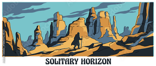 Vast desert canyon landscape illustration featuring a solitary traveler's silhouette journeying through the arid terrain in a bold, graphic comic book art style