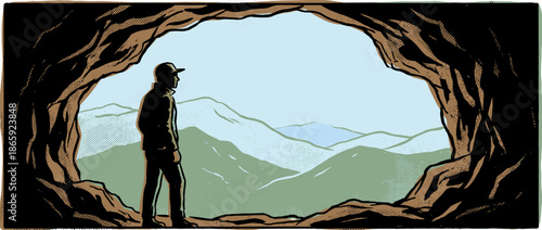 Silhouetted man in a cap standing at the mouth of a dark cave, looking out at a vast mountain range in a contemplative comic book style illustration with halftone details