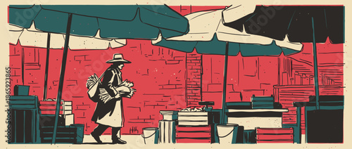 Person wearing a hat and coat carries groceries through an outdoor farmers market in a minimalist graphic illustration with a limited color palette and bold, textured linework