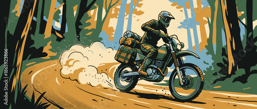 Person riding a green dual-sport motorcycle loaded with camping gear speeds along a winding dirt road in a forest, kicking up a cloud of dust in a retro comic style