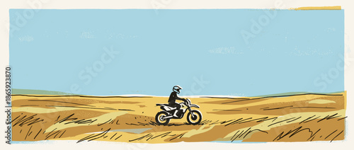 Motocross rider on a dirt bike travels through a vast, sandy desert landscape in a minimalist, retro-style graphic illustration with a wide panoramic view