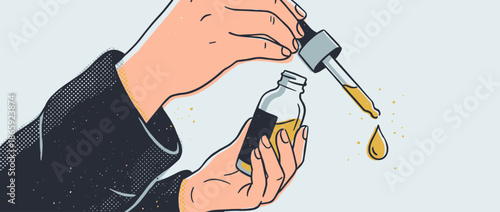 Illustrated hands holding a small glass bottle and a pipette, dripping a single drop of golden cosmetic serum for a skincare treatment in a clean, contemporary graphic style