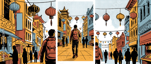 Graphic novel triptych illustration of a man with a backpack walking down a bustling city street decorated with hanging lanterns and traditional Asian-style architecture