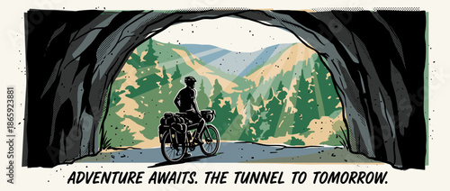 Silhouetted cyclist on a touring bicycle with panniers emerges from a dark rock tunnel, a retro comic style illustration of a journey into a sunlit mountain forest