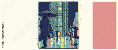 Man in a trench coat holding an umbrella walks down a wet city street at night in a moody, cinematic illustration with glowing window reflections on the pavement