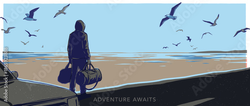 Hooded person holding a large duffel bag stands beside a car looking out at the calm sea with seagulls flying overhead in a minimalist illustrative style
