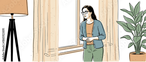 Pensive woman with dark hair and glasses wearing a blue cardigan stands thoughtfully by a window in a cozy room with a lamp and a houseplant in a modern line art illustration