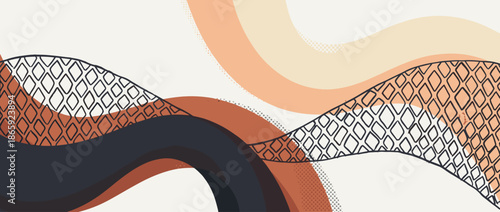 Abstract artistic banner with organic flowing shapes, hand-drawn diamond patterns, and halftone dots in a warm, earthy color palette for a modern minimalist design