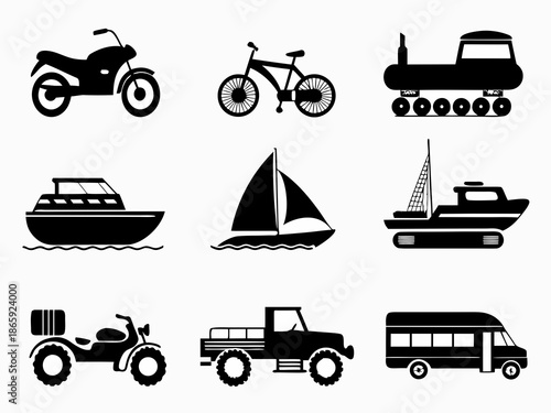 Black silhouette icons depicting various modes of transportation vehicles and watercraft