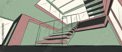 Modern architectural staircase with glass railings inside a building, illustrated in a graphic comic book style with a dramatic low angle perspective and retro color palette