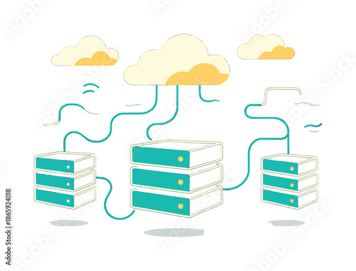 Floating Server Network. Cloud server hub. Floating server stacks connect through glowing threads; soft geometric clouds drift above. Smooth signals move