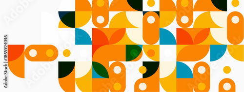 Abstract geometric pattern. Orange, teal, dark green circles, semicircles create repeating design. Simple shapes, modern aesthetic.