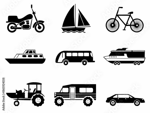 Black silhouette icons depicting various modes of transportation on a white background