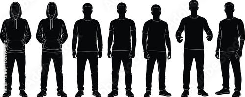 Male body silhouette set featuring casual standing poses, hoodie and t-shirt outfits, black vector illustrations for fashion, lifestyle, and character design concepts