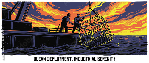 Two industrial workers in silhouette guide a large metal cage being lowered into the ocean from a platform during a dramatic sunset in a bold graphic novel art style