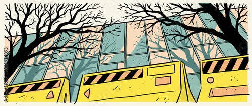 Graphic urban landscape illustration with yellow barriers and a modern glass building reflecting bare trees from a low angle perspective
