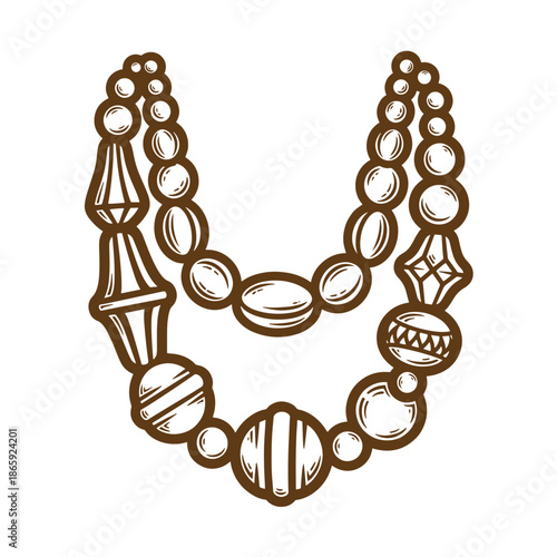 Brown and white illustration of a chunky beaded necklace on transparent background
