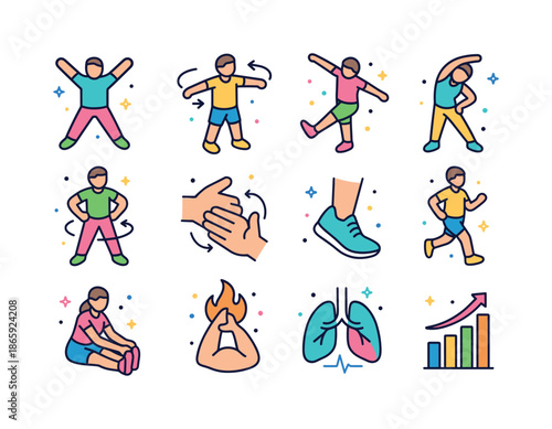 Isometric Warm-Up Icons. Warm-Up Routine. Colorful isometric vector icons set of Warm-Up Routine: jumping jacks, arm circles, leg swings, side bends, hip