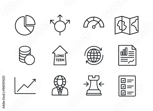 Global Investment Icons. Global investment strategies. Line icon set of Global investment strategies: portfolio pie chart, diversification arrows, risk meter,