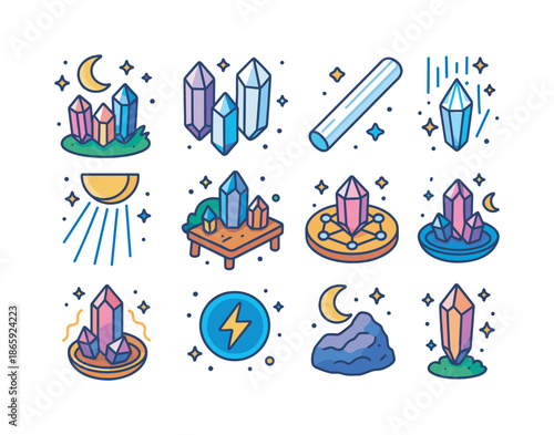 Crystal Charging Icons. Crystal Charging. Colorful isometric vector icons set of Crystal Charging: moonlit crystals, clear quartz, selenite wand, moonlight