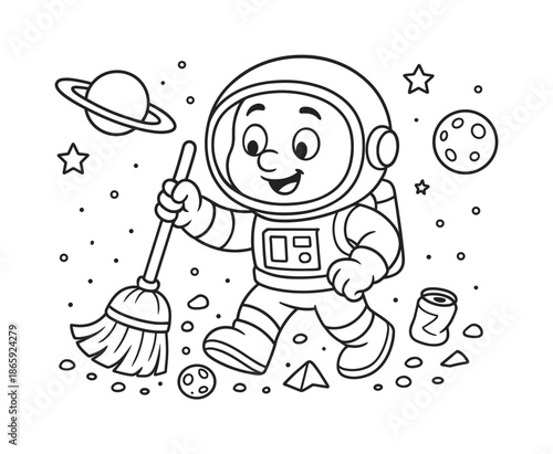 Space Janitor Coloring Fun. Space janitor character children?s coloring book illustration, outlined drawing, cheerful astronaut with a broom sweeping cartoon
