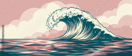 Large stylized ocean wave illustration curling in a Japanese woodblock print style with a modern, limited color palette of pink and teal