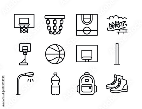 Street Basketball Icons. Street basketball. Line icon set of street basketball: outdoor hoop, chain net, concrete court, graffiti wall, portable