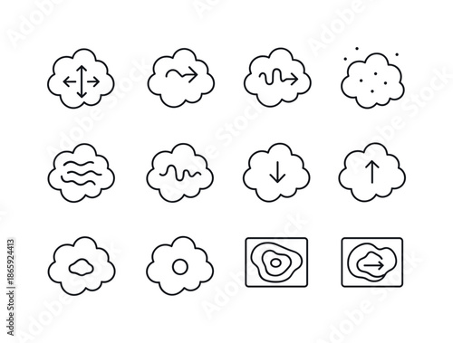 Interstellar Cloud Icons. interstellar clouds. Line icon set of interstellar clouds: cosmic expansion arrows, redshift symbol, blueshift symbol, velocity