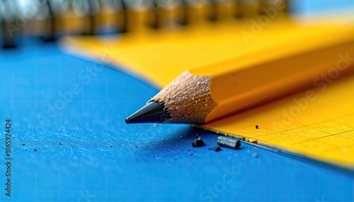 Close-up of pencil on yellow paper, blue surface