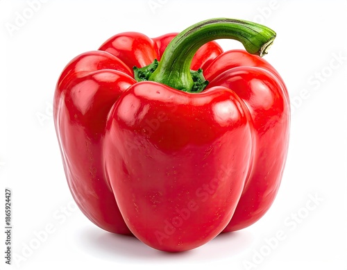 Shiny, vibrant red bell pepper with green stem, white background