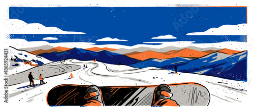 Snowboarder's first-person view from a mountain top looking down a snowy slope with other people skiing in a graphic, modern illustration style with bold colors
