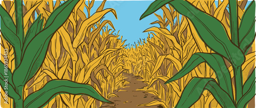 Golden yellow cornfield with a dirt path winding through the tall stalks, illustrated in a retro comic book style with bold outlines and halftone dot patterns
