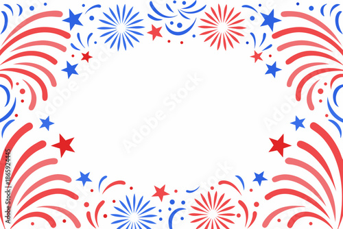 Festive patriotic fireworks display with red white and blue starbursts