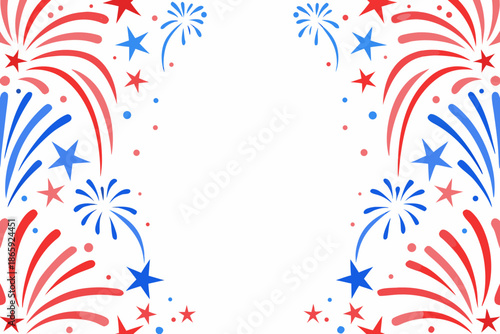 Festive firework display with red white and blue colors framing a white space