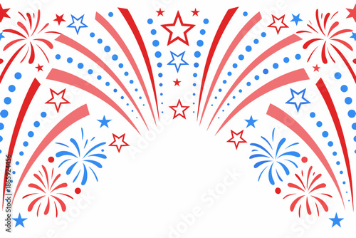 Red white and blue fireworks display forming an arch shape