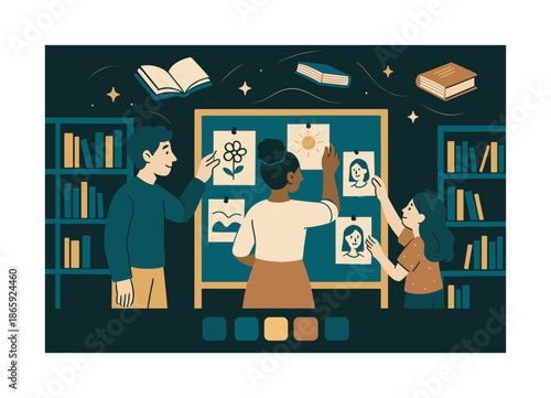 Library Art Display. Library art corner. People pinning drawings onto a tall community board; gentle uplift lines. Books and tiny stars hovering with