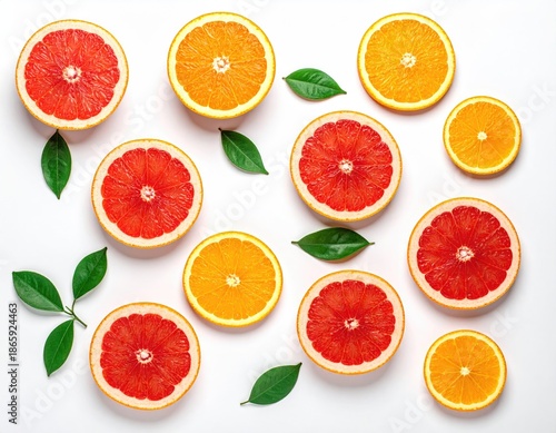 Sliced citrus fruit with green leaves on white