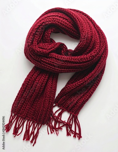 A cozy, red knitted scarf with fringed ends