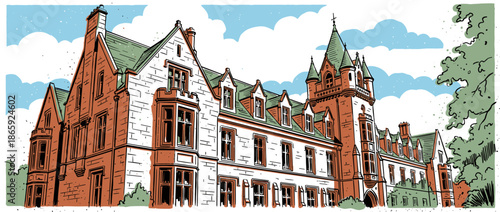 Detailed illustration of a historic university building with gothic revival architecture, featuring red brick, a green roof, and a prominent spire under a cloudy blue sky