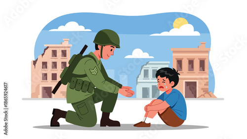 Humanitarian soldier helping injured civilian child in conflict zone, flat vector illustration showing compassion, protection, and military service with humanity, ideal for editorial, peace, and aid