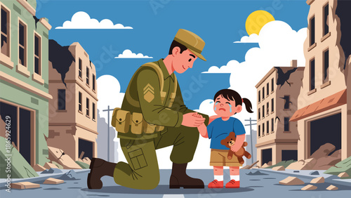 Humanitarian soldier helping injured civilian child in conflict zone, flat vector illustration showing compassion, protection, and military service with humanity, ideal for editorial, peace, and aid