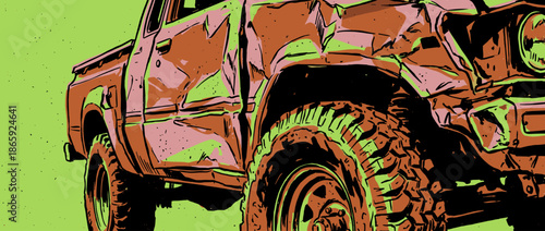 Damaged old off-road pickup truck illustration shows a crumpled fender and large tire in a gritty, graphic pop art style with bold outlines and a limited color palette