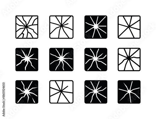 Cracked Windows Logo Set. Cracked windows. Icon set. Set Logo of cracked windows: glass fragment geometry. harmonious logo variations of the same emblematic