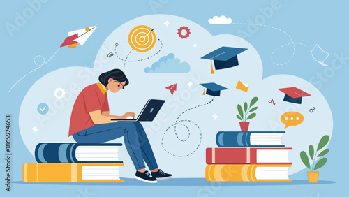 Young student learning online with laptop on stack of books